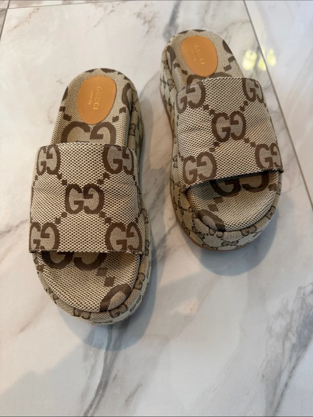 Gucci Tan GG Canvas Platform Slide Sandals - Picture 4 of 7